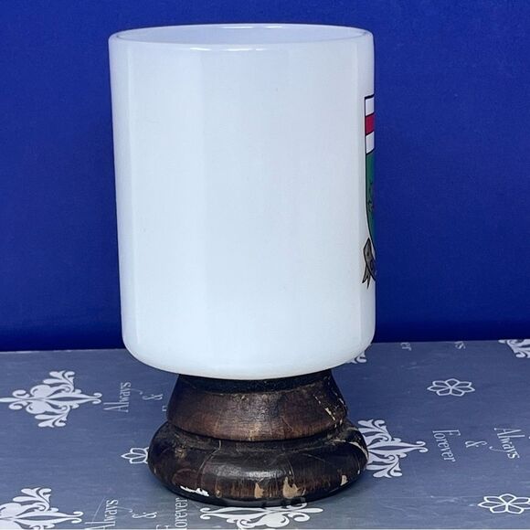 Ontario Coat of Arms Milk Glass Wood Base Pedestal Mug vintage - Picture 6 of 9